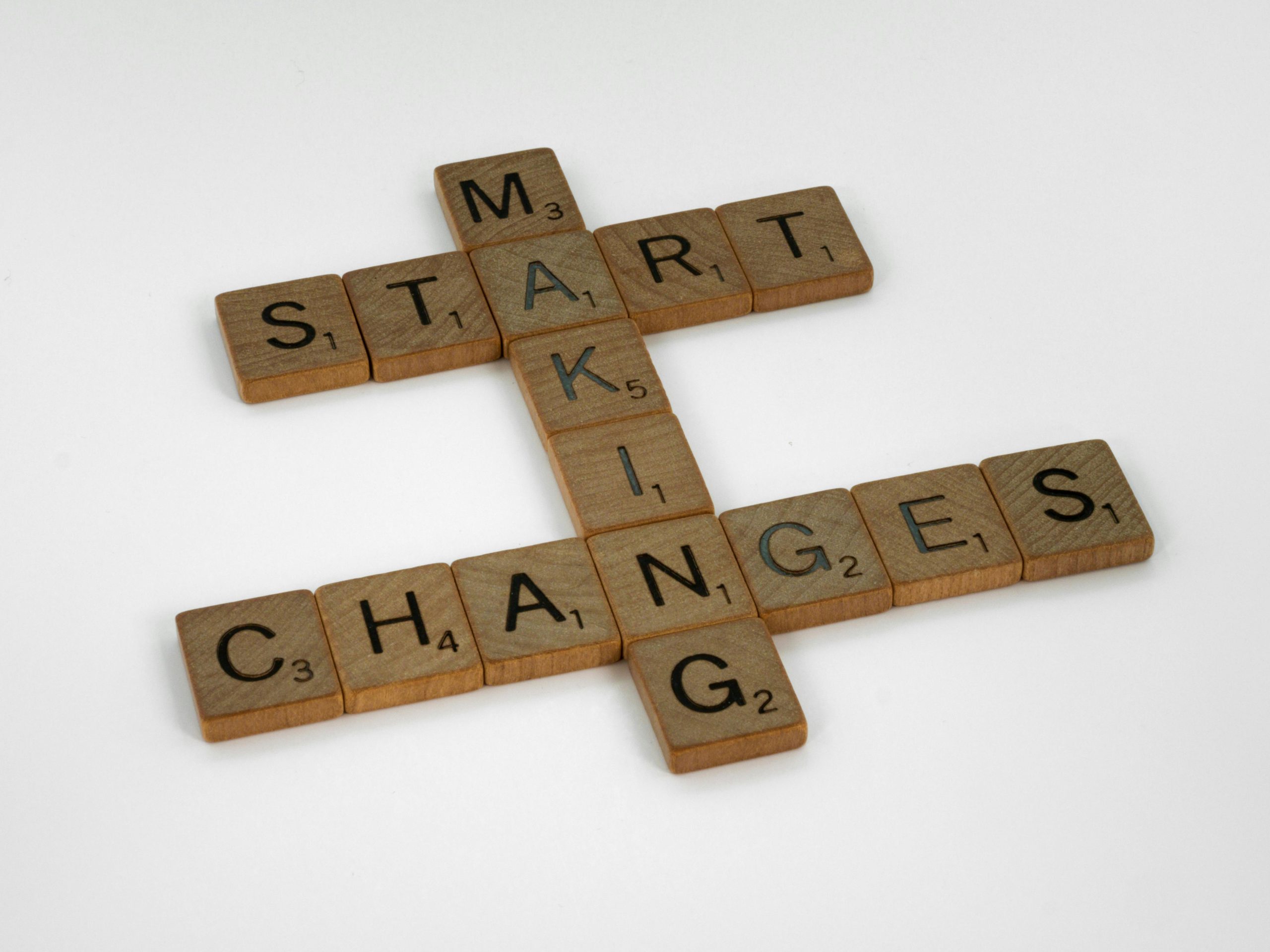 Top view of Scrabble tiles forming the phrase 'Start Making Changes' on a white background.